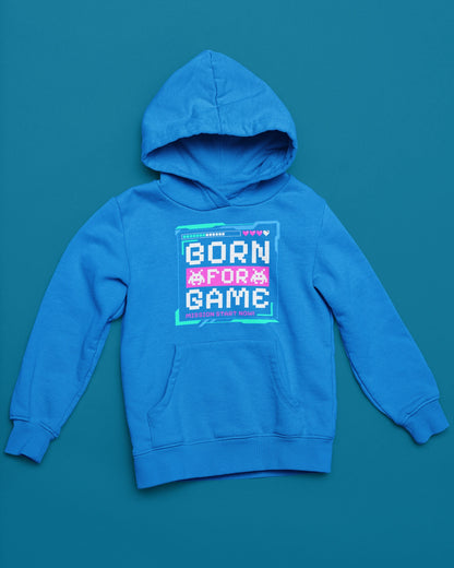 Born For Game – Retro Pixel Arcade Hoodie – blau Hoodie als flatlay-Mockup, modernes Gaming-Design und hochwertiges Produktfoto.