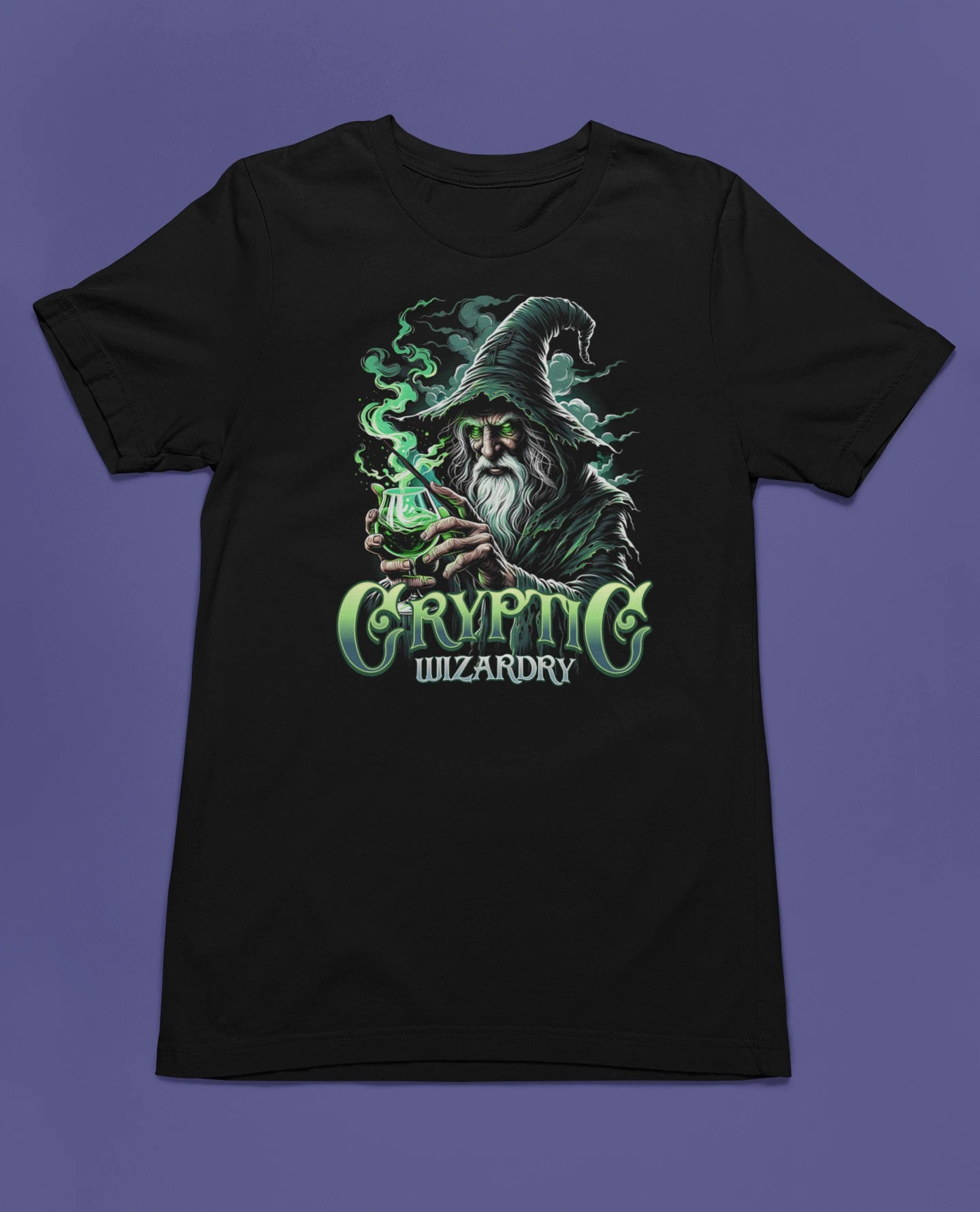 Cryptic Wizardry | Magier Fantasy T-Shirt für Gamer & Mystik-Fans – schwarz T-Shirt als flatlay-Mockup, modernes Gaming-Design und hochwertiges Produktfoto.