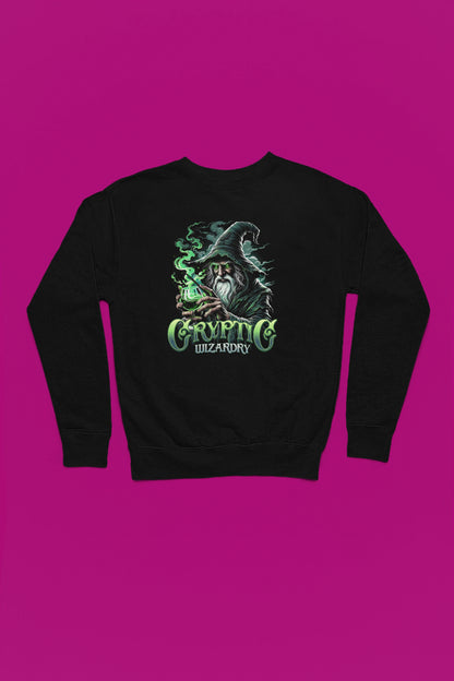 Cryptic Wizardry | Mystischer Magier-Pullover im Fantasy-Style – schwarz Pullover als Flatlay-Mockup, hochwertiges Nerd- & Gaming-Design Produktfoto.