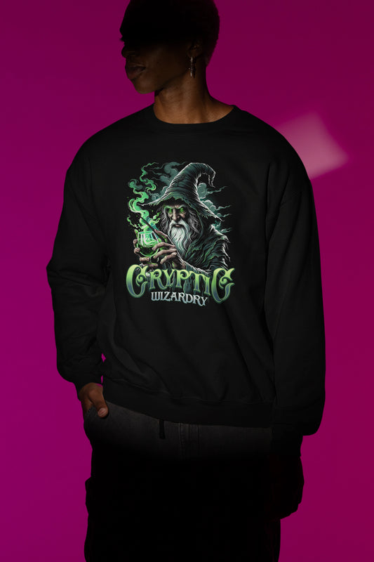Cryptic Wizardry | Mystischer Magier-Pullover im Fantasy-Style – schwarz Pullover als Maennliches Model-Mockup, hochwertiges Nerd- & Gaming-Design Produktfoto.
