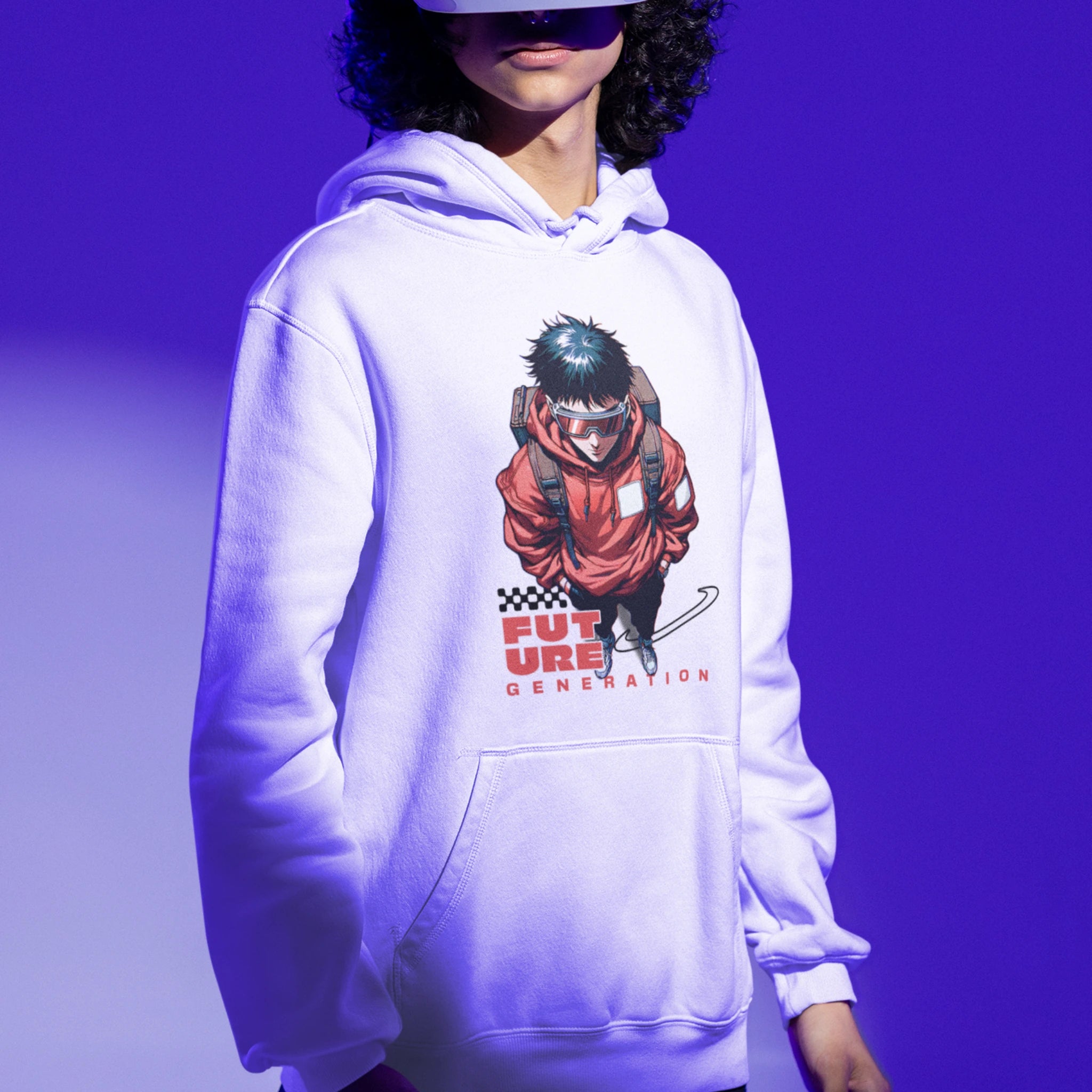 Cyberpunk Hoodie - Future Generation in weiß – Unisex Gaming Hoodie im Nerd & Streetwear Style, getragen von männlichen Model