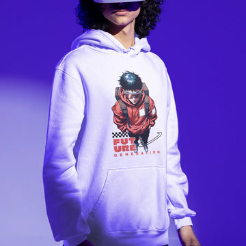 Cyberpunk Hoodie - Future Generation in weiß – Unisex Gaming Hoodie im Nerd & Streetwear Style, getragen von männlichen Model