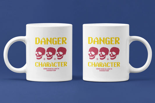 Danger Character – Keramiktasse (325 ml) – 325 ml Keramiktasse als Doppel-Mockup, hochwertiges Gaming- & Nerd-Design Produktfoto.