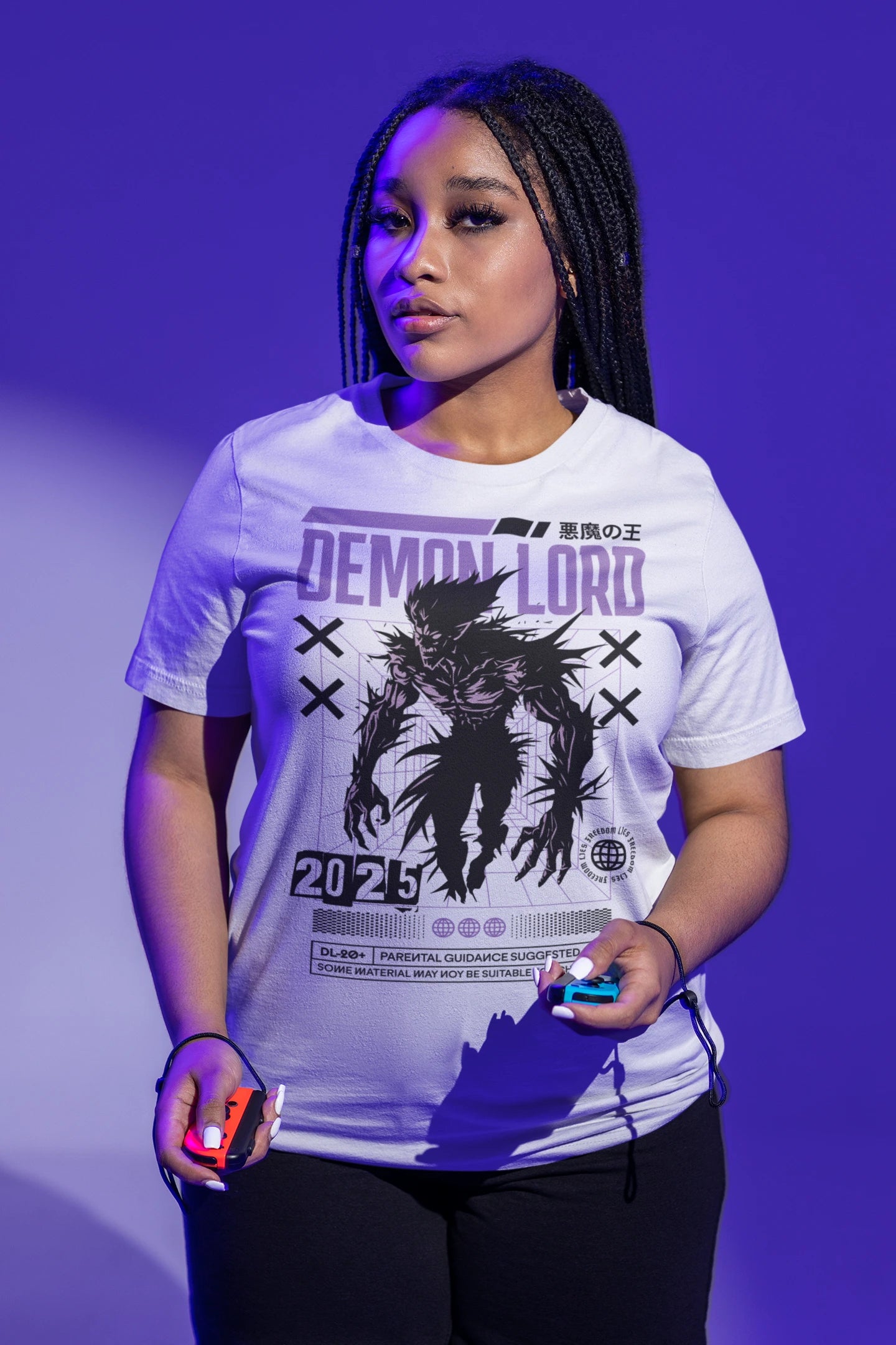 Demon Lord | Dark Fantasy T-Shirt für Gamer & Retro-Fans – weiss T-Shirt als weiblich-Mockup, modernes Gaming-Design und hochwertiges Produktfoto.