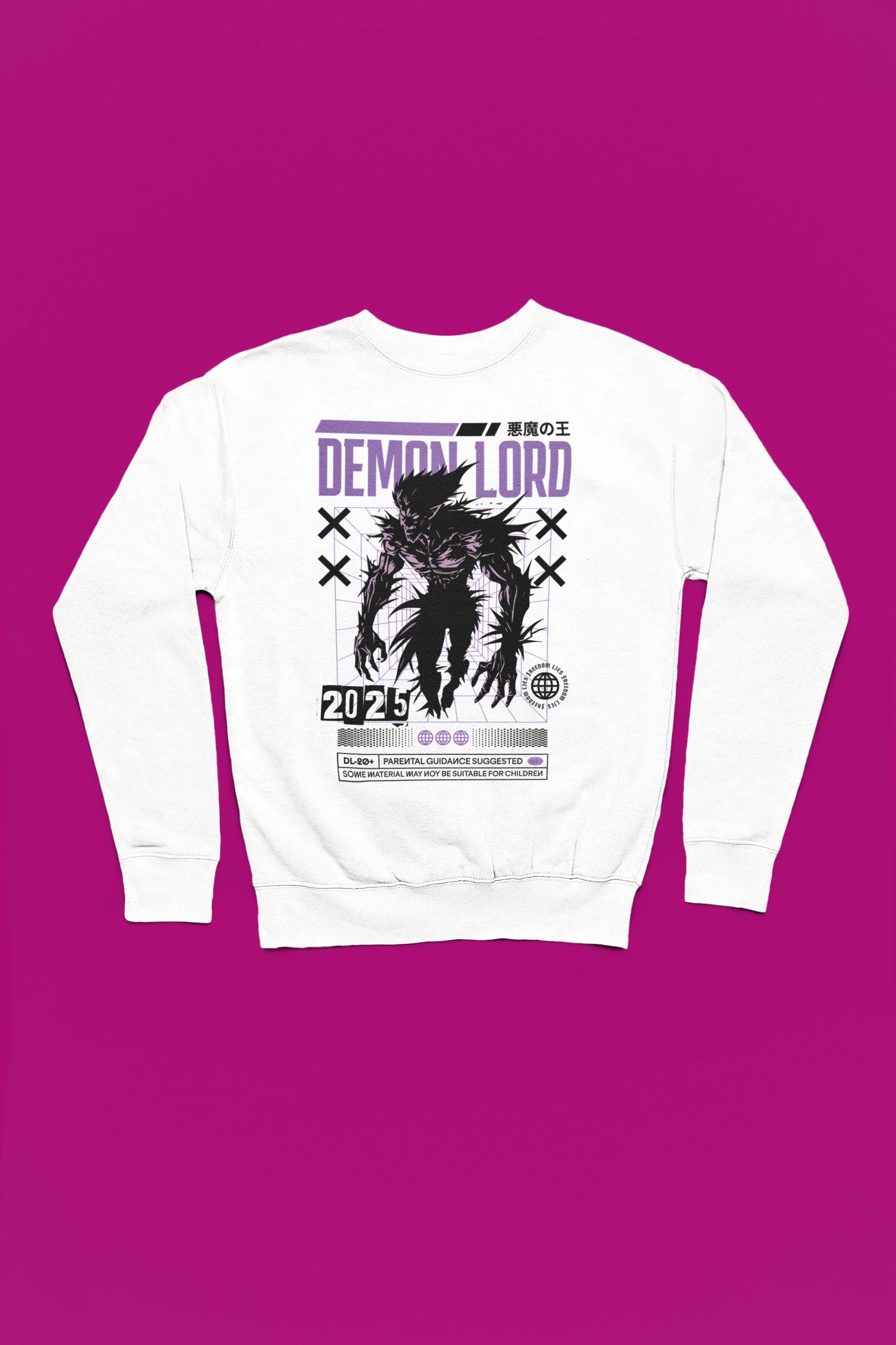 Demon Lord | Duesterer Retro-Pullover im Cyber-Style – weiss Pullover als Flatlay-Mockup, hochwertiges Nerd- & Gaming-Design Produktfoto.