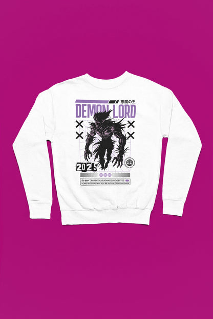 Demon Lord | Duesterer Retro-Pullover im Cyber-Style – weiss Pullover als Flatlay-Mockup, hochwertiges Nerd- & Gaming-Design Produktfoto.