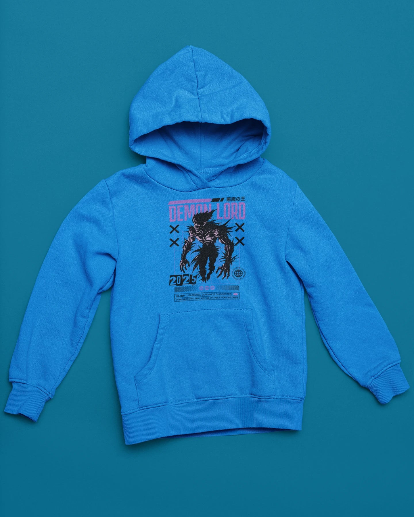 Demon Lord Hoodie – Dark Retro Grid Monster Design – blau Hoodie als flatlay-Mockup, modernes Gaming-Design und hochwertiges Produktfoto.