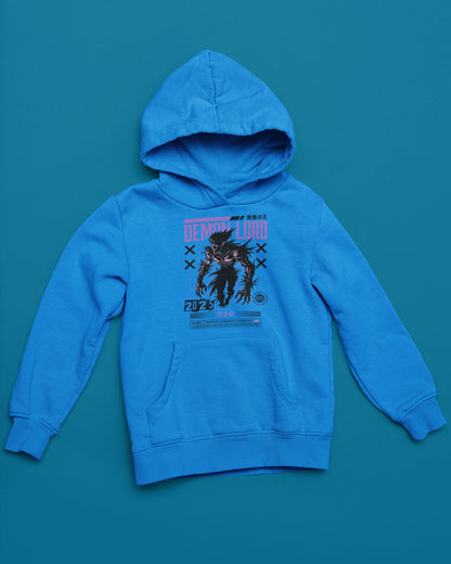 Demon Lord Hoodie – Dark Retro Grid Monster Design – blau Hoodie als flatlay-Mockup, modernes Gaming-Design und hochwertiges Produktfoto.