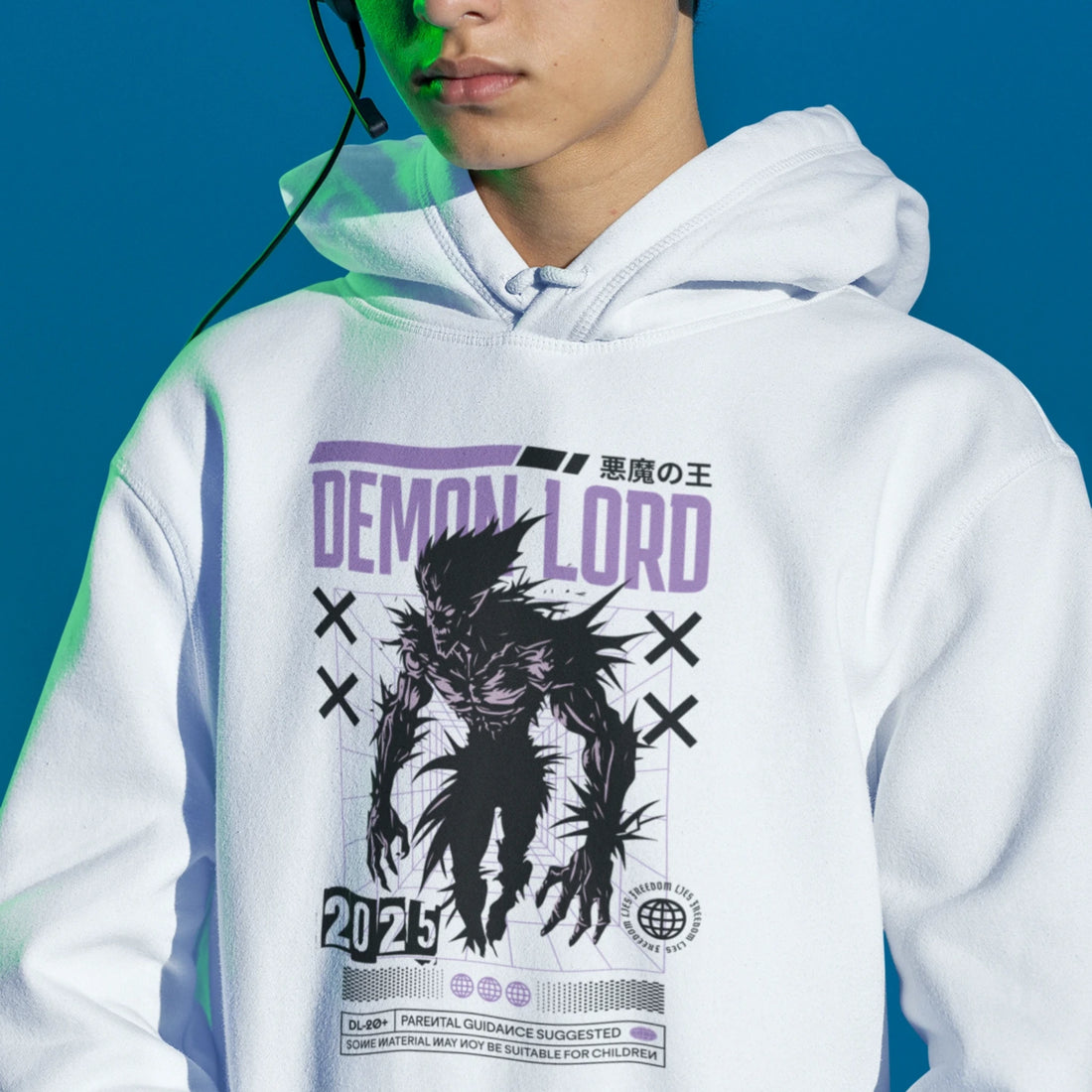 Weißer Herren Hoodie mit Demon Lord Monster Motiv im Dark Retro Grid Fantasy Design