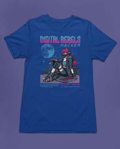 Digital Rebels – Hacker | Cyberpunk Anime T-Shirt für Gamer, Tech-Nerds & Streetwear-Fans – blau T-Shirt als flatlay-Mockup, modernes Gaming-Design und hochwertiges Produktfoto.