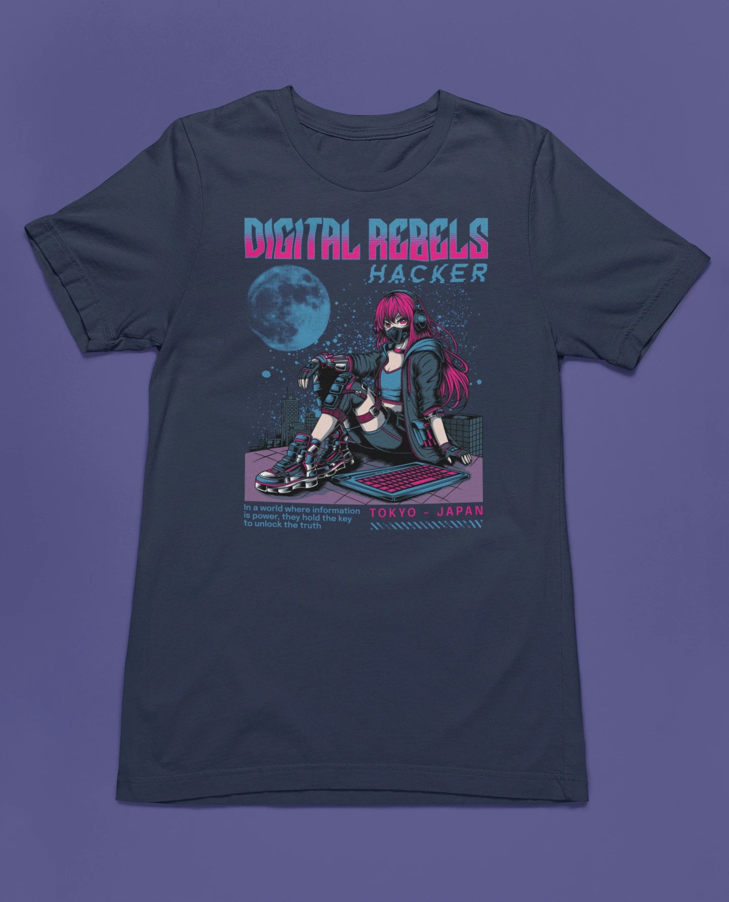 Digital Rebels – Hacker | Cyberpunk Anime T-Shirt für Gamer, Tech-Nerds & Streetwear-Fans – marine T-Shirt als flatlay-Mockup, modernes Gaming-Design und hochwertiges Produktfoto.