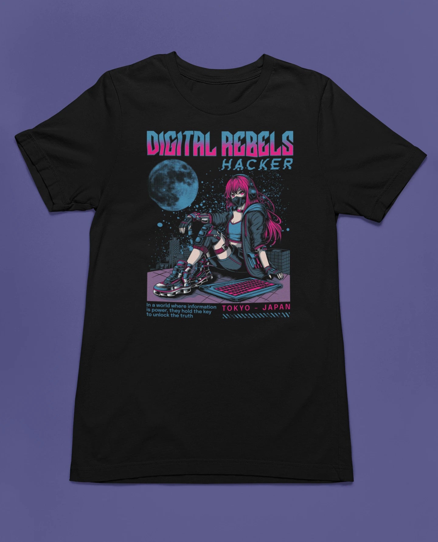 Digital Rebels – Hacker | Cyberpunk Anime T-Shirt für Gamer, Tech-Nerds & Streetwear-Fans – schwarz T-Shirt als flatlay-Mockup, modernes Gaming-Design und hochwertiges Produktfoto.