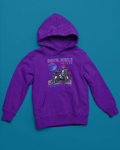 Digital Rebels Hoodie – Hacker Girl Cyberpunk Tokyo Design – lila Hoodie als flatlay-Mockup, modernes Gaming-Design und hochwertiges Produktfoto.