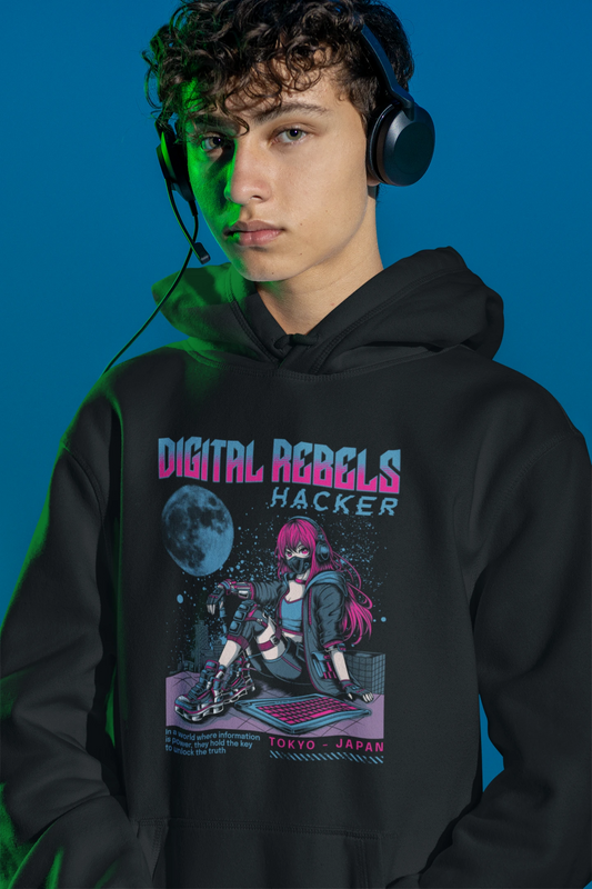 Digital Rebels Hoodie – Hacker Girl Cyberpunk Tokyo Design – schwarz Hoodie als maennlich-Mockup, modernes Gaming-Design und hochwertiges Produktfoto.