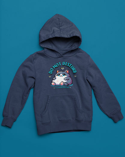 Do Not Disturb – I'm Introverting | Pixel Cat Hoodie – marine Hoodie als flatlay-Mockup, modernes Gaming-Design und hochwertiges Produktfoto.