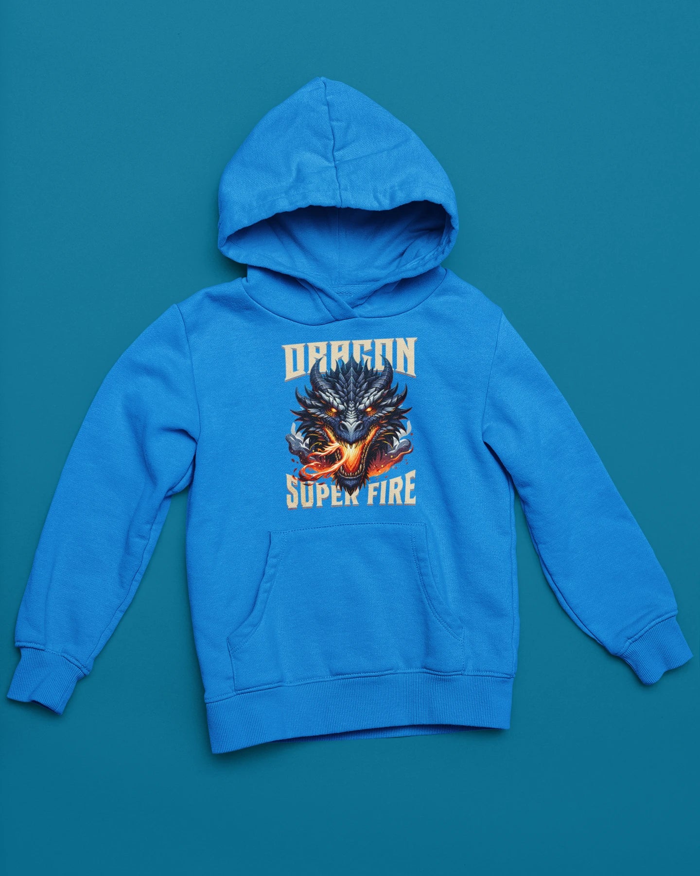 Dragon Super Fire | Epischer Feuerdrachen Hoodie – blau Hoodie als flatlay-Mockup, modernes Gaming-Design und hochwertiges Produktfoto.