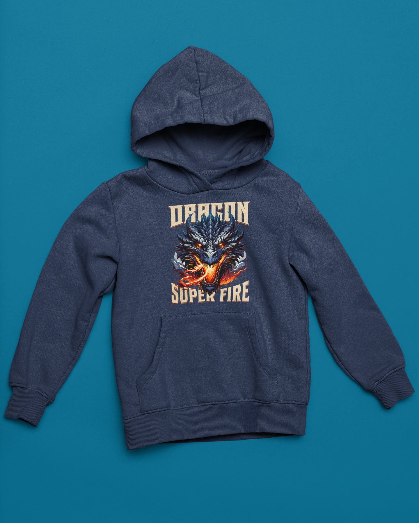Dragon Super Fire | Epischer Feuerdrachen Hoodie – marine Hoodie als flatlay-Mockup, modernes Gaming-Design und hochwertiges Produktfoto.
