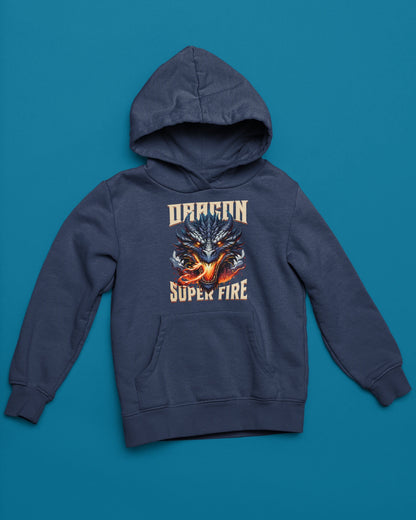 Dragon Super Fire | Epischer Feuerdrachen Hoodie – marine Hoodie als flatlay-Mockup, modernes Gaming-Design und hochwertiges Produktfoto.