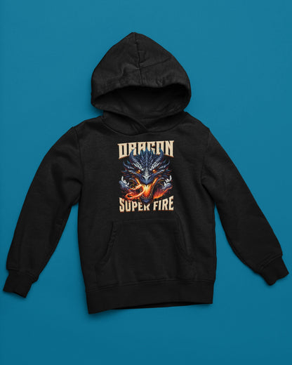 Dragon Super Fire | Epischer Feuerdrachen Hoodie – schwarz Hoodie als flatlay-Mockup, modernes Gaming-Design und hochwertiges Produktfoto.