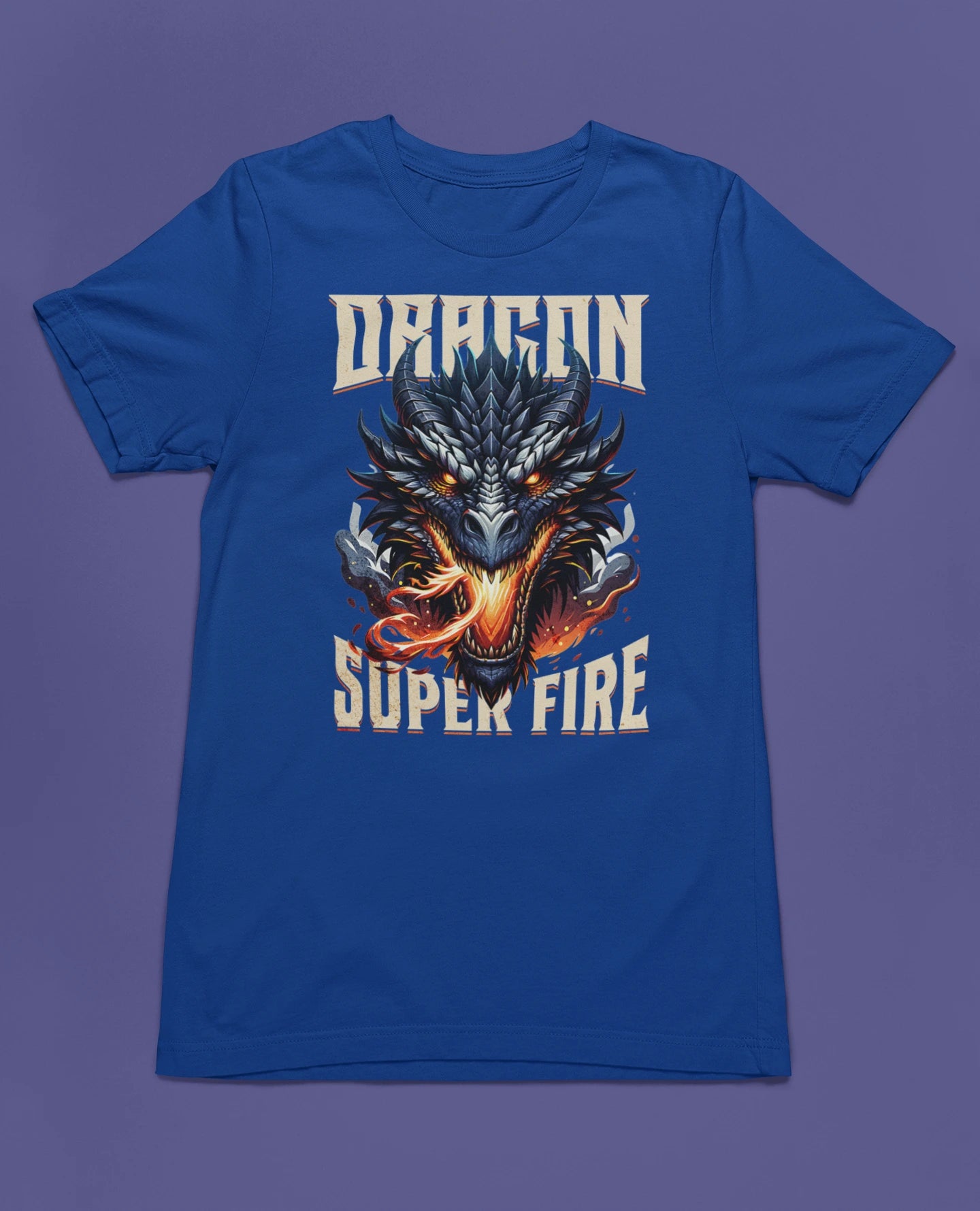 Dragon – Super Fire | Episches Drachen T-Shirt für Fantasy-, Gaming- & Mythic-Fans – blau T-Shirt als flatlay-Mockup, modernes Gaming-Design und hochwertiges Produktfoto.