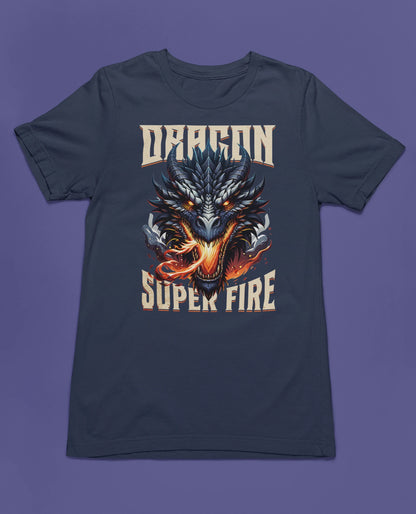Dragon – Super Fire | Episches Drachen T-Shirt für Fantasy-, Gaming- & Mythic-Fans – marine T-Shirt als flatlay-Mockup, modernes Gaming-Design und hochwertiges Produktfoto.