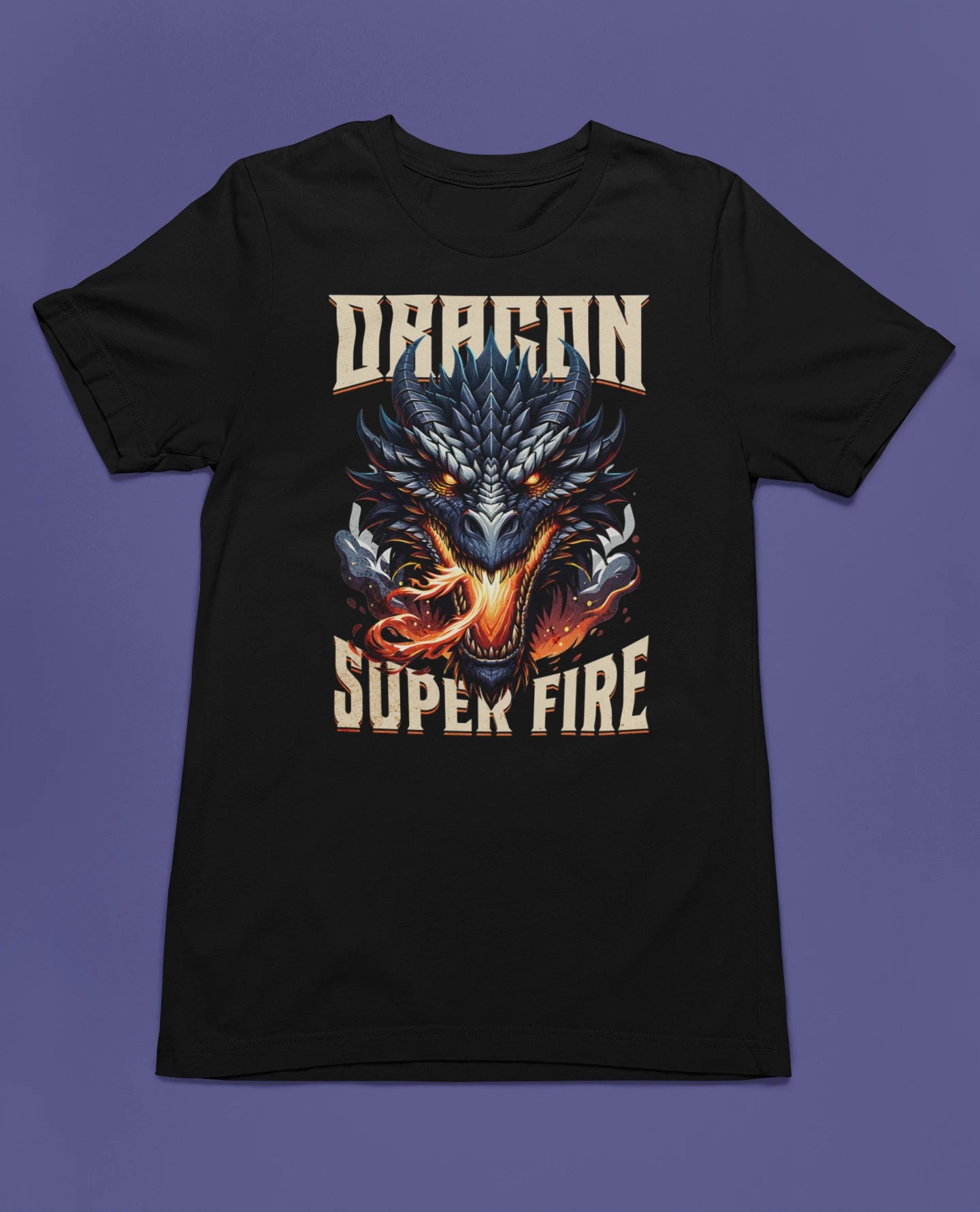 Dragon – Super Fire | Episches Drachen T-Shirt für Fantasy-, Gaming- & Mythic-Fans – schwarz T-Shirt als flatlay-Mockup, modernes Gaming-Design und hochwertiges Produktfoto.