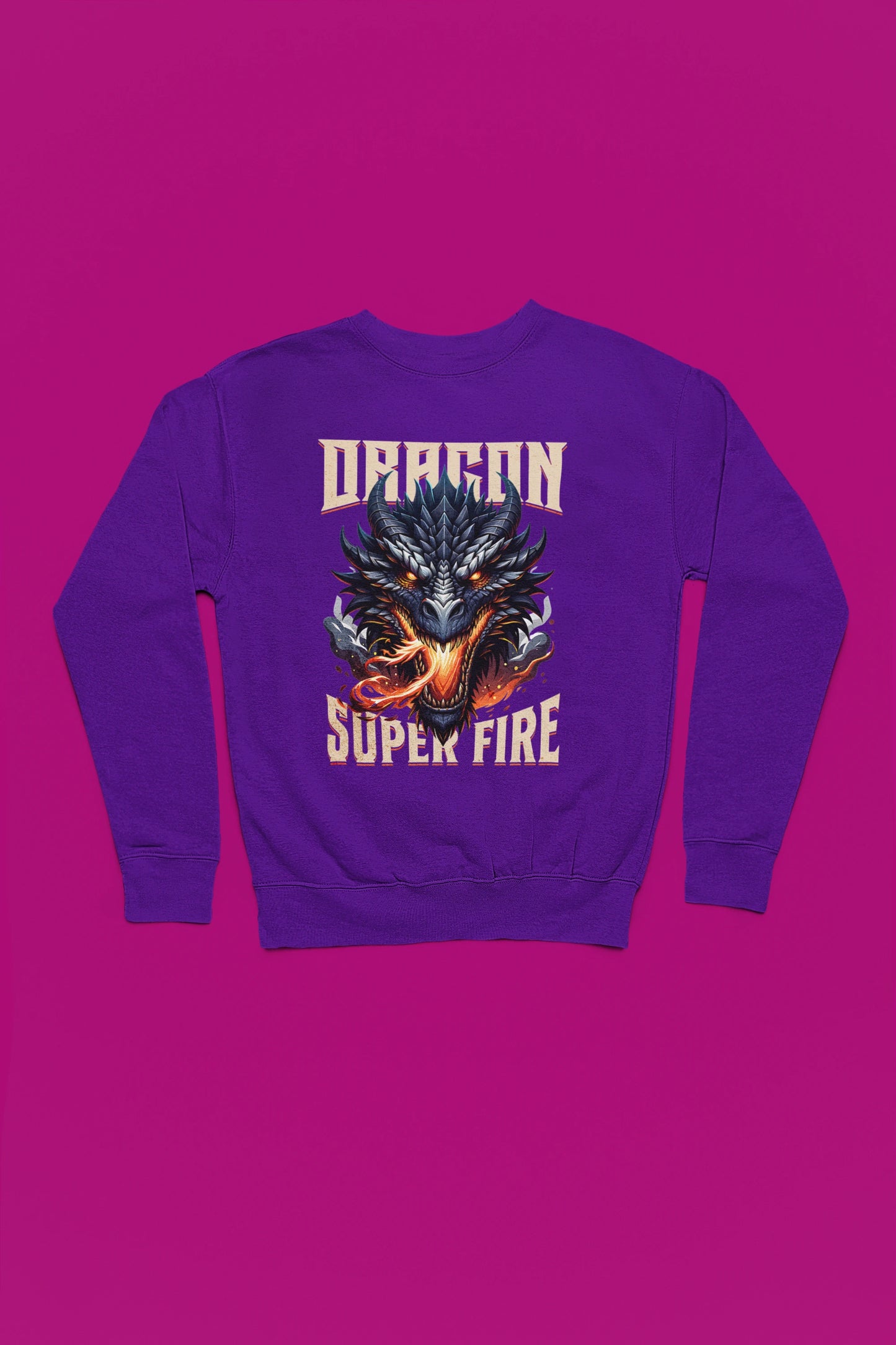 Dragon Super Fire | Maechtiger Drachen-Pullover im Fantasy-Style – lila Pullover als Flatlay-Mockup, hochwertiges Nerd- & Gaming-Design Produktfoto.