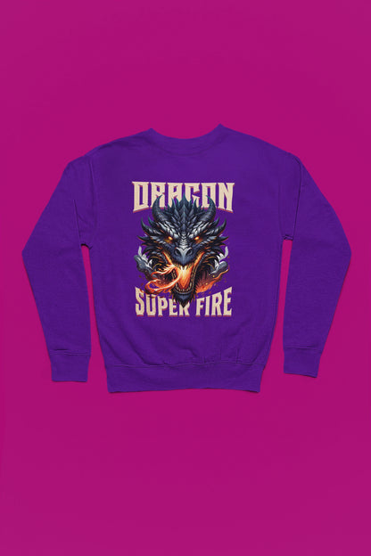 Dragon Super Fire | Maechtiger Drachen-Pullover im Fantasy-Style – lila Pullover als Flatlay-Mockup, hochwertiges Nerd- & Gaming-Design Produktfoto.