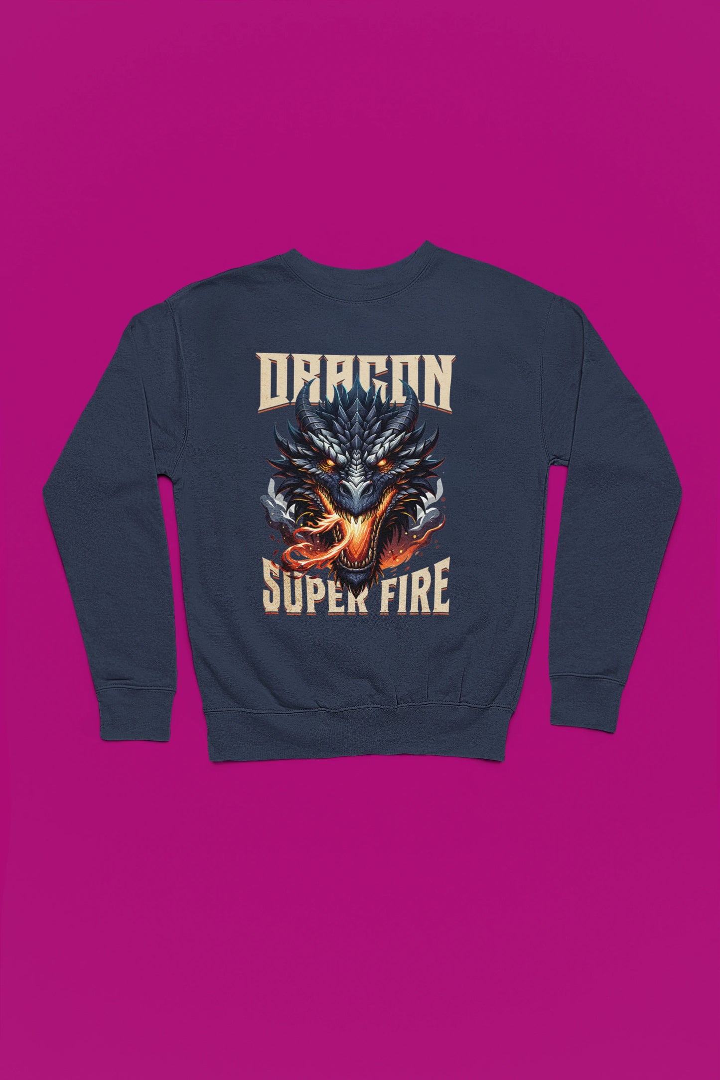 Dragon Super Fire | Maechtiger Drachen-Pullover im Fantasy-Style – marine Pullover als Flatlay-Mockup, hochwertiges Nerd- & Gaming-Design Produktfoto.