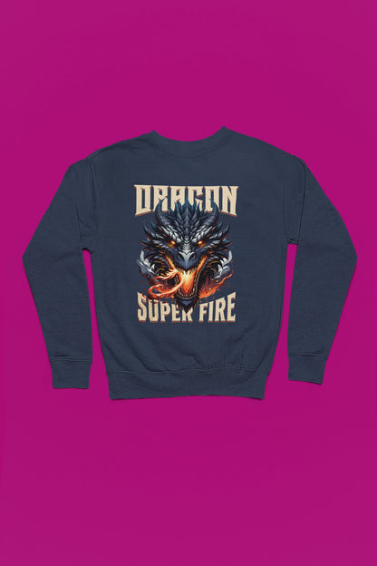 Dragon Super Fire | Maechtiger Drachen-Pullover im Fantasy-Style – marine Pullover als Flatlay-Mockup, hochwertiges Nerd- & Gaming-Design Produktfoto.
