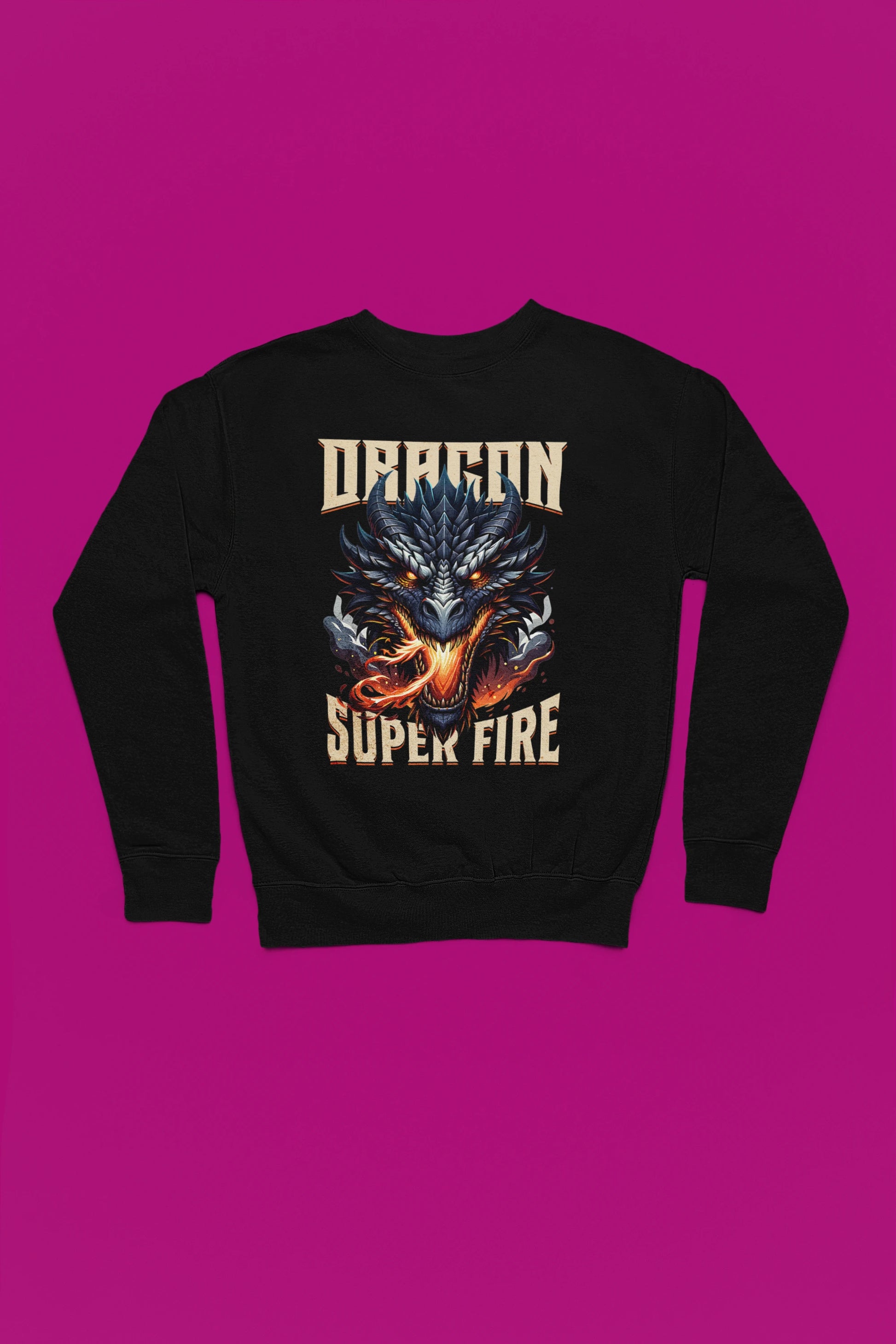 Dragon Super Fire | Maechtiger Drachen-Pullover im Fantasy-Style – schwarz Pullover als Flatlay-Mockup, hochwertiges Nerd- & Gaming-Design Produktfoto.