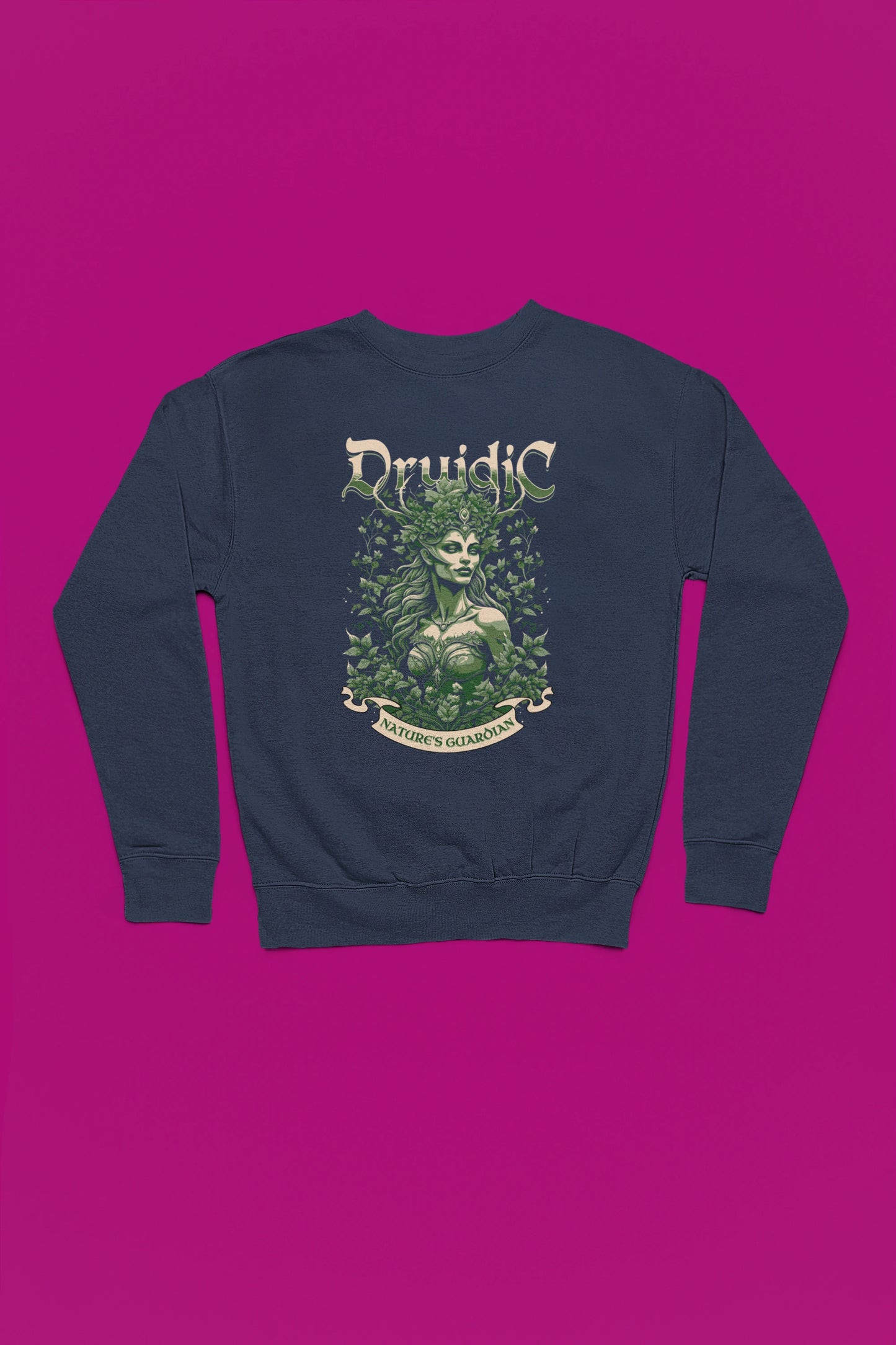 Druidic | Mystischer Naturgeist-Pullover – marine Pullover als Flatlay-Mockup, hochwertiges Nerd- & Gaming-Design Produktfoto.