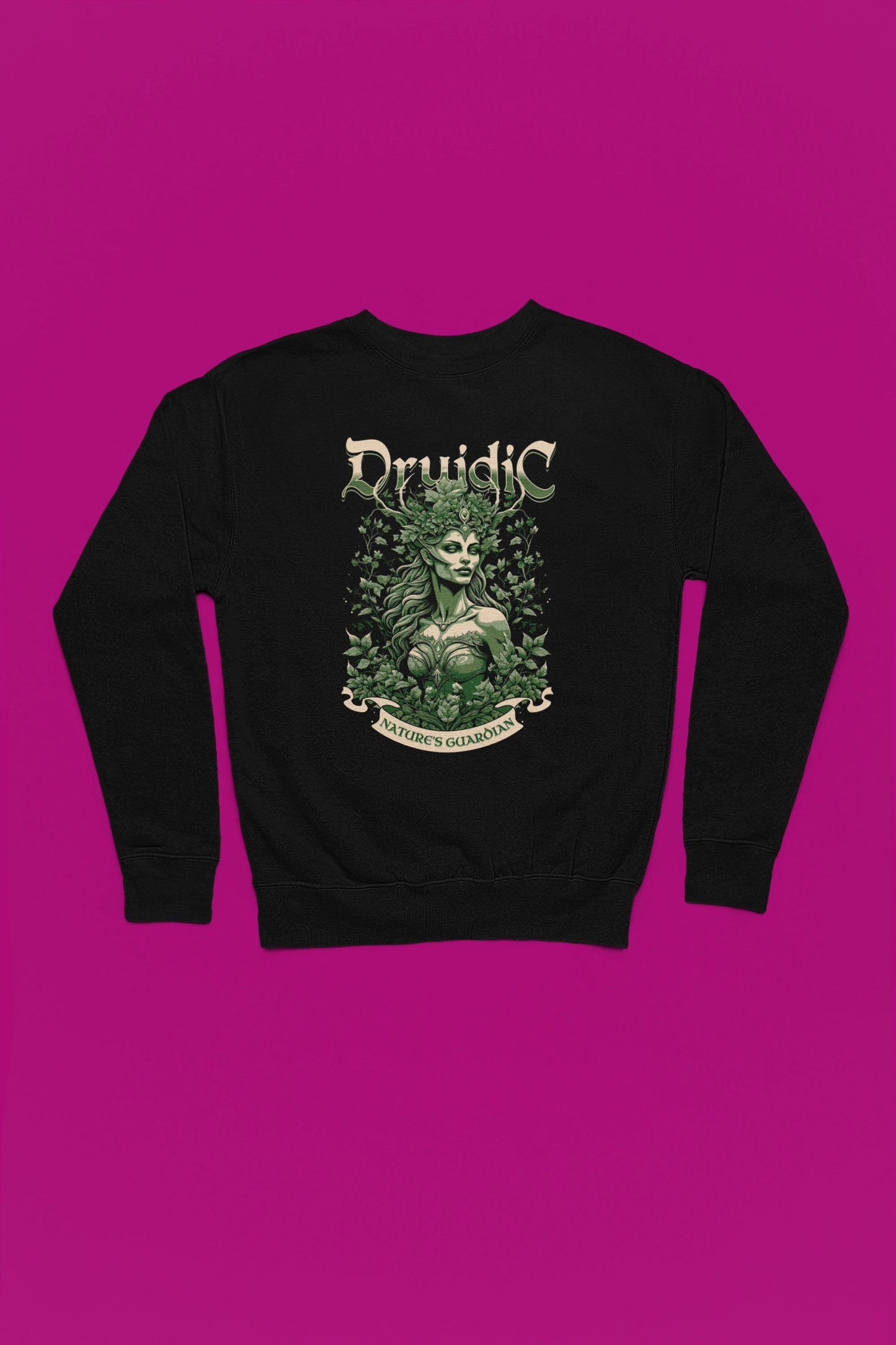 Druidic | Mystischer Naturgeist-Pullover – schwarz Pullover als Flatlay-Mockup, hochwertiges Nerd- & Gaming-Design Produktfoto.