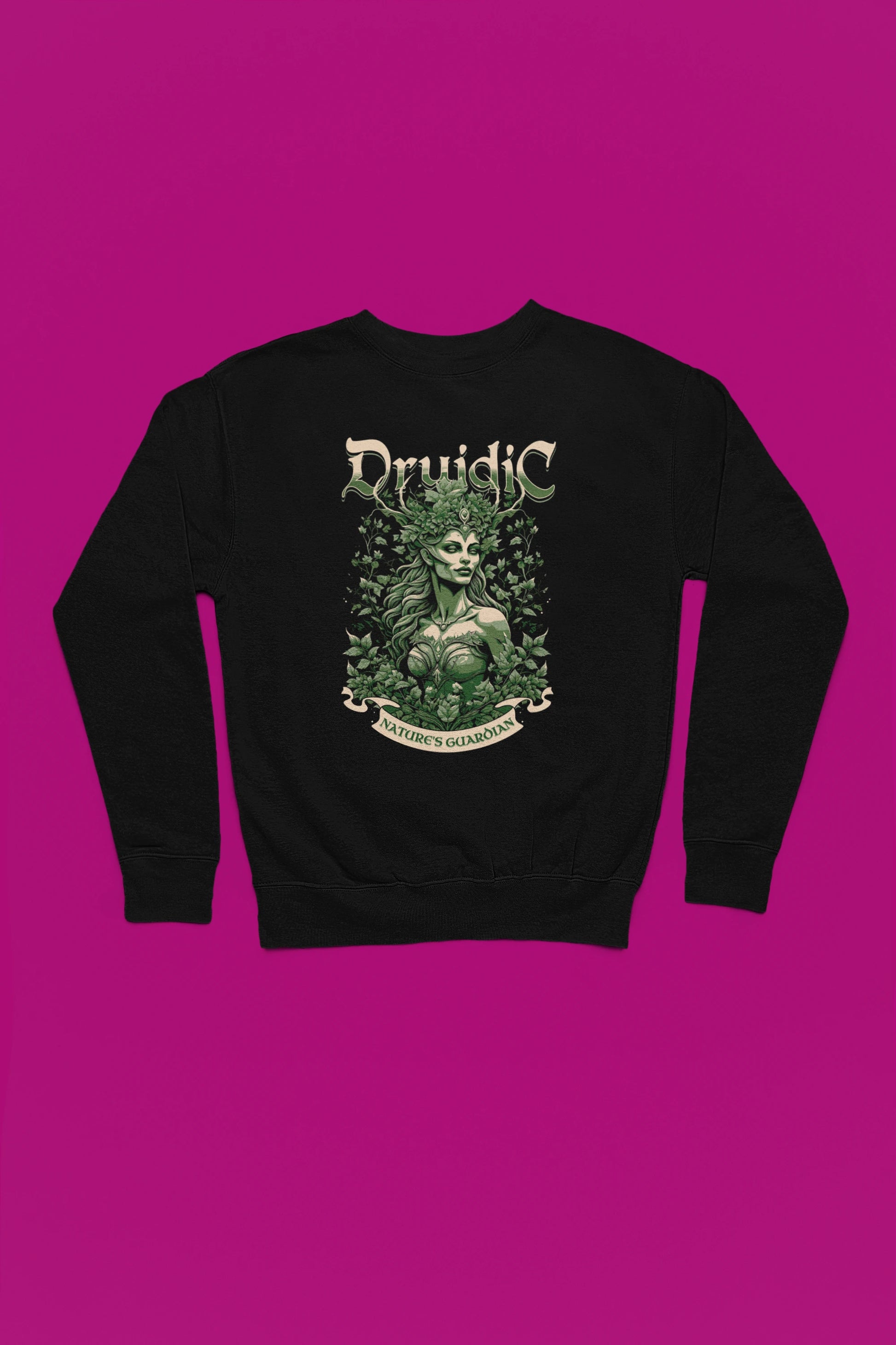 Druidic | Mystischer Naturgeist-Pullover – schwarz Pullover als Flatlay-Mockup, hochwertiges Nerd- & Gaming-Design Produktfoto.