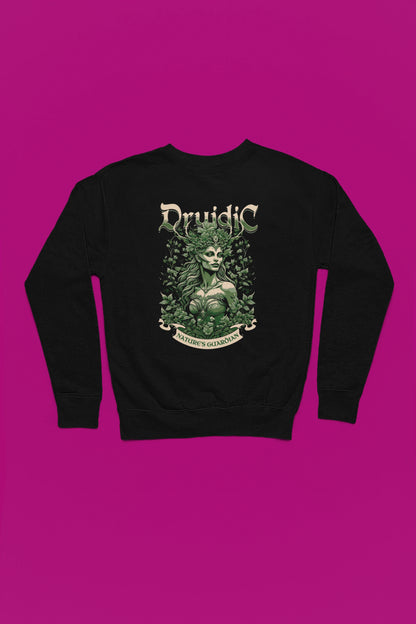 Druidic | Mystischer Naturgeist-Pullover – schwarz Pullover als Flatlay-Mockup, hochwertiges Nerd- & Gaming-Design Produktfoto.