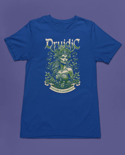 Druidic – Nature’s Guardian | Fantasy T-Shirt für Natur- & RPG-Fans – blau T-Shirt als flatlay-Mockup, modernes Gaming-Design und hochwertiges Produktfoto.