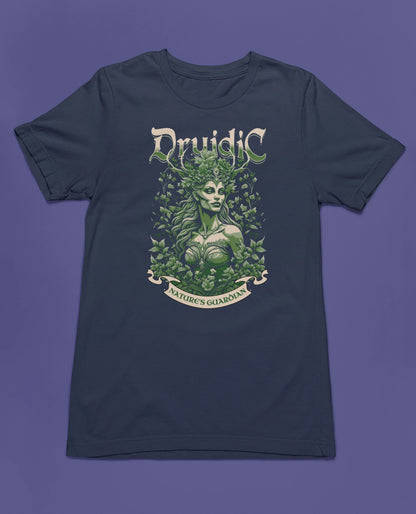 Druidic – Nature’s Guardian | Fantasy T-Shirt für Natur- & RPG-Fans – marine T-Shirt als flatlay-Mockup, modernes Gaming-Design und hochwertiges Produktfoto.