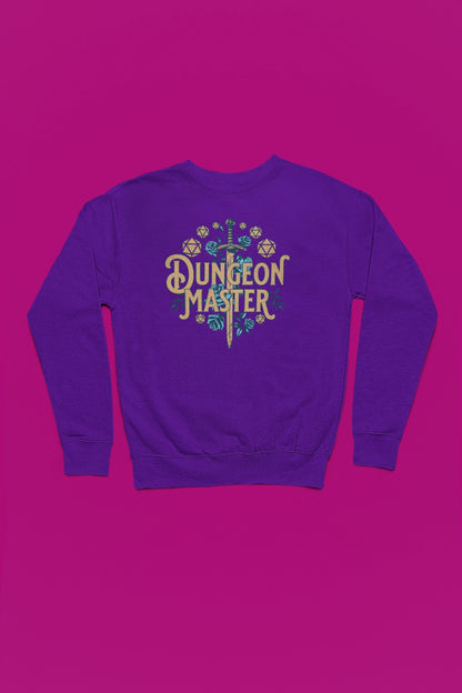 Dungeon Master | Fantasie-Pullover fuer RPG-Abenteurer – lila Pullover als Flatlay-Mockup, hochwertiges Nerd- & Gaming-Design Produktfoto.