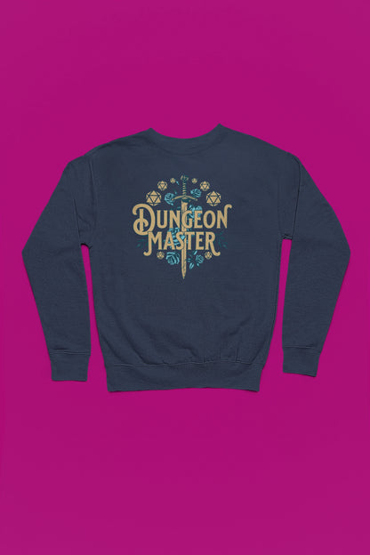Dungeon Master | Fantasie-Pullover fuer RPG-Abenteurer – marine Pullover als Flatlay-Mockup, hochwertiges Nerd- & Gaming-Design Produktfoto.