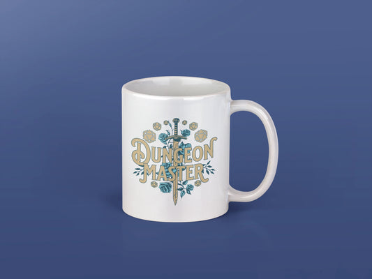 Dungeon Master – Keramiktasse (325 ml) – 325 ml Keramiktasse als Flatlay Mockup, hochwertiges Gaming- & Nerd-Design Produktfoto.