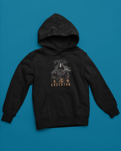 Executor | Dark Hooded Reaper Hoodie im duesteren Graphic-Style – schwarz Hoodie als flatlay-Mockup, modernes Gaming-Design und hochwertiges Produktfoto.