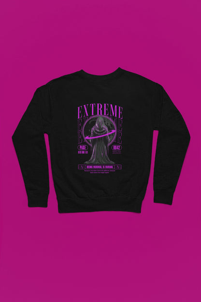 Extreme | „Being Normal Is Boring“ Pullover im Dark-Fantasy-Style – schwarz Pullover als Flatlay-Mockup, hochwertiges Nerd- & Gaming-Design Produktfoto.