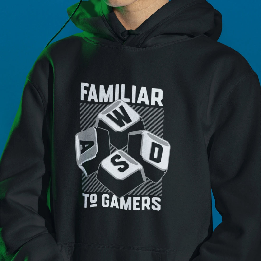 Schwarzer Familiar To Gamers Hoodie mit WASD Tasten Retro Gamer Print