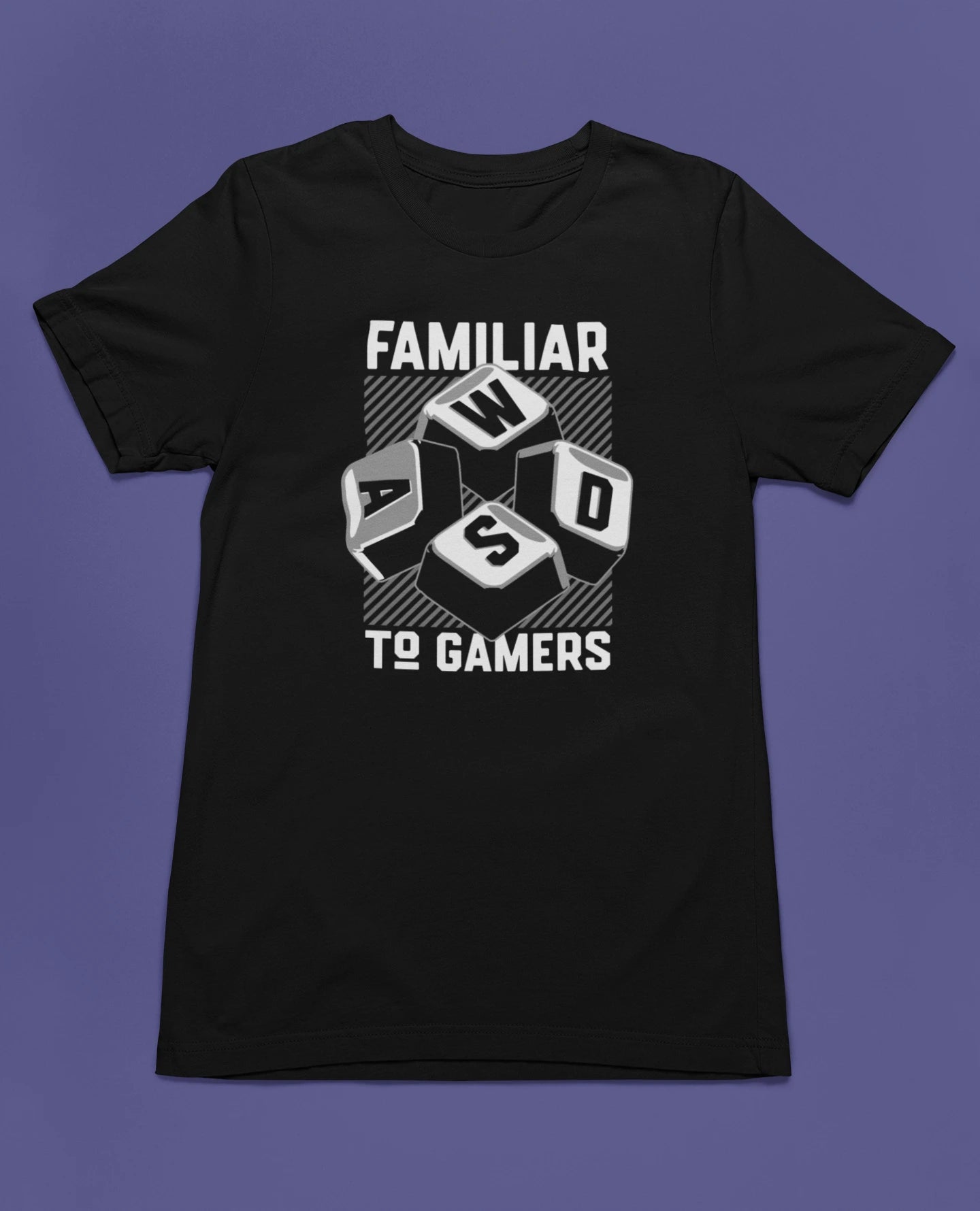 Familiar to Gamers | WASD T-Shirt für PC-Gamer – schwarz T-Shirt als flatlay-Mockup, modernes Gaming-Design und hochwertiges Produktfoto.