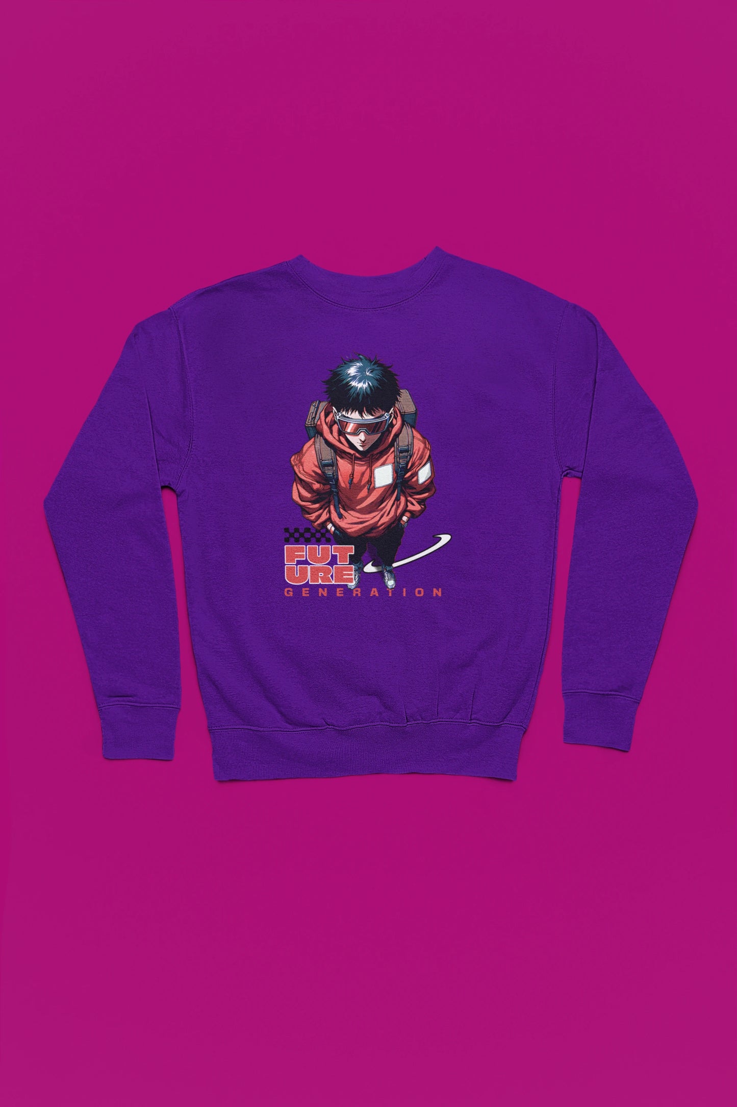 Future Generation | Urban Anime Pullover im Tech-Style – lila Pullover als Flatlay-Mockup, hochwertiges Nerd- & Gaming-Design Produktfoto.