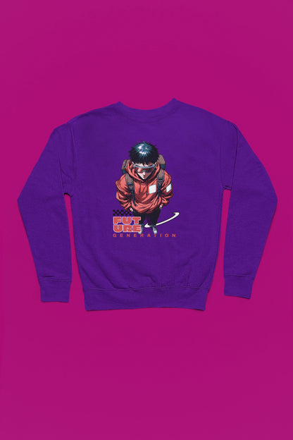 Future Generation | Urban Anime Pullover im Tech-Style – lila Pullover als Flatlay-Mockup, hochwertiges Nerd- & Gaming-Design Produktfoto.