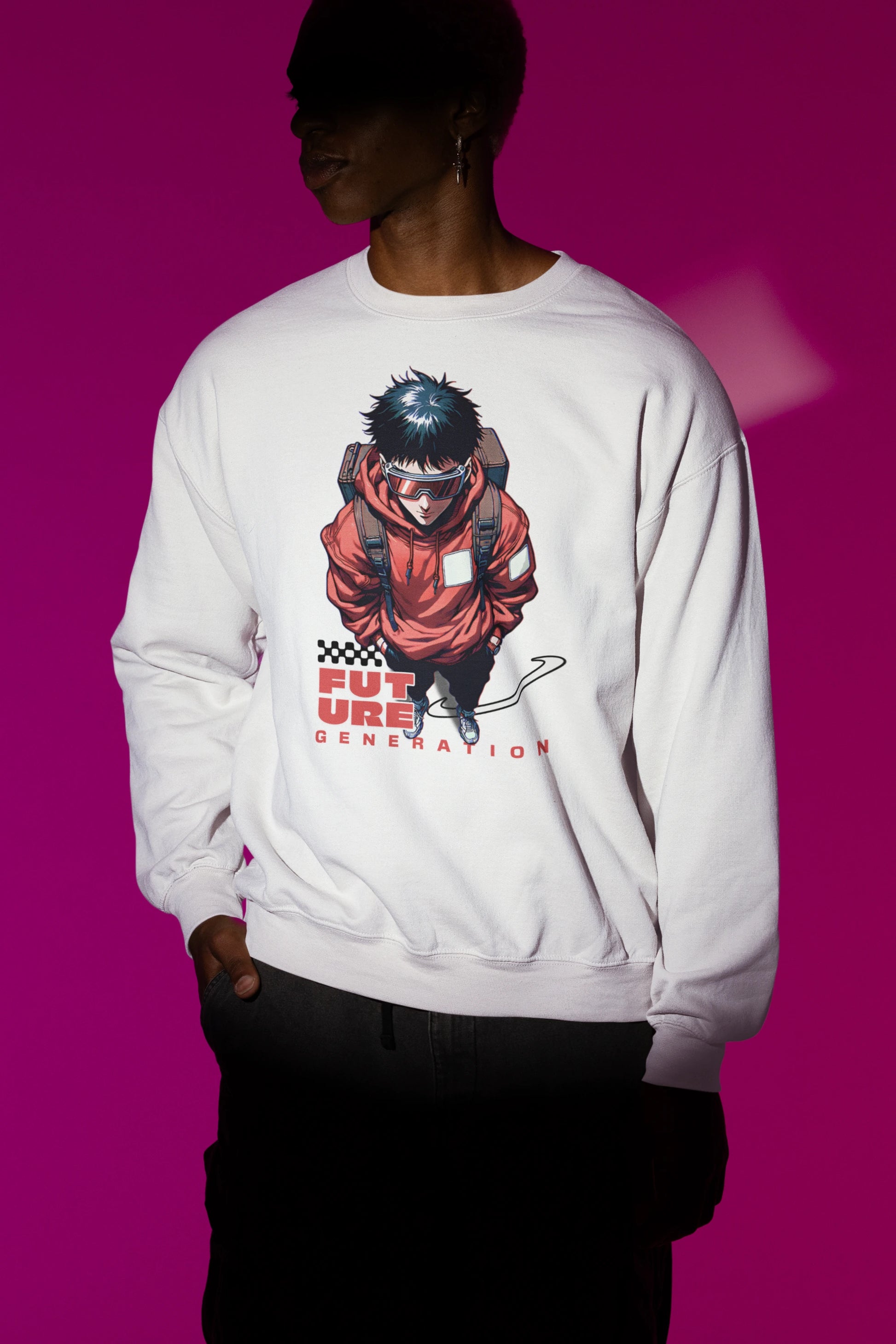 Future Generation | Urban Anime Pullover im Tech-Style – weiss Pullover als Maennliches Model-Mockup, hochwertiges Nerd- & Gaming-Design Produktfoto.