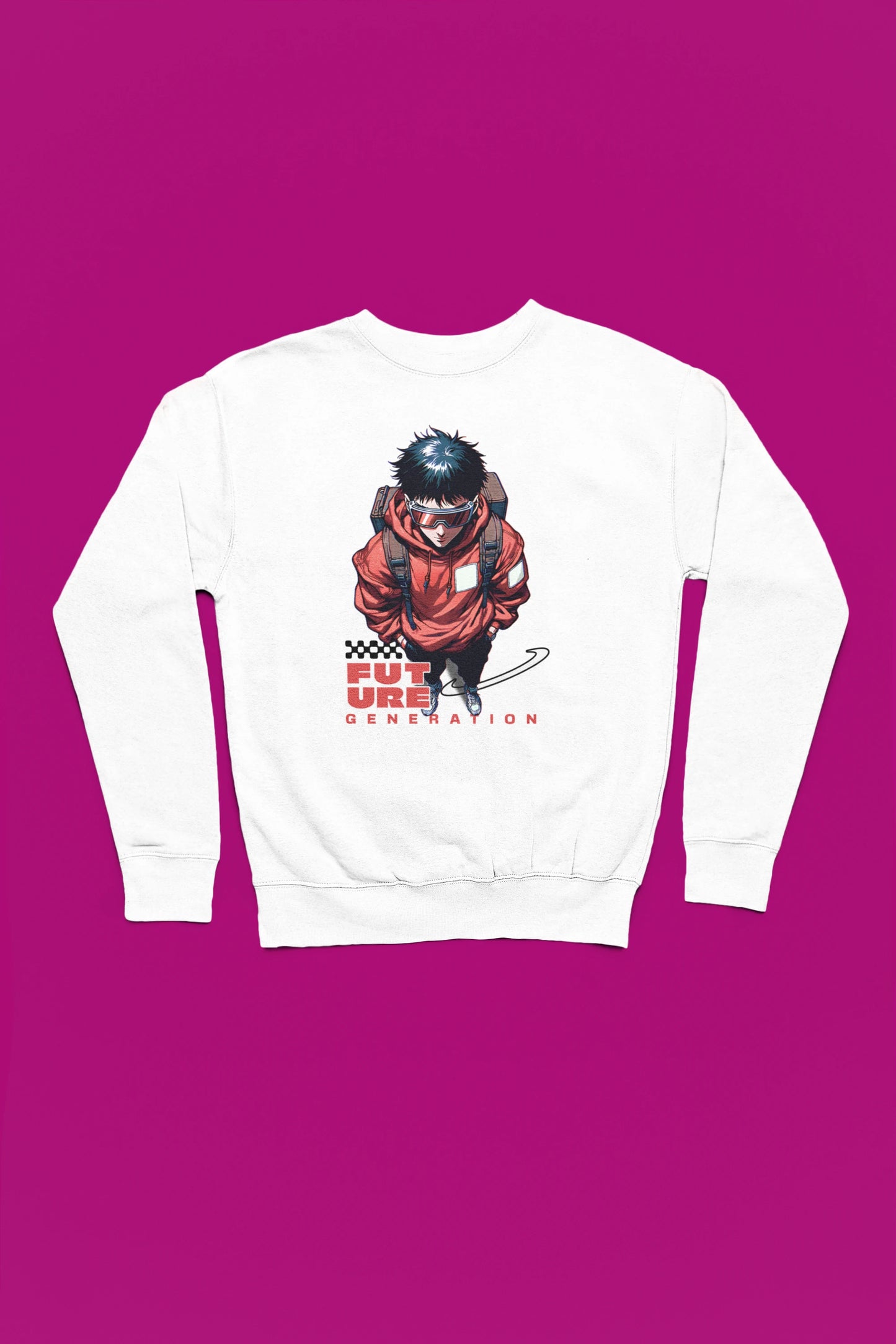 Future Generation | Urban Anime Pullover im Tech-Style – weiss Pullover als Flatlay-Mockup, hochwertiges Nerd- & Gaming-Design Produktfoto.