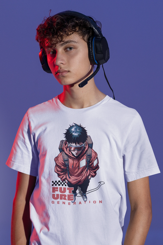 Future Generation | Urban Techwear T-Shirt – weisses T-Shirt als maennlich-Mockup, modernes Gaming-Design und hochwertiges Produktfoto.