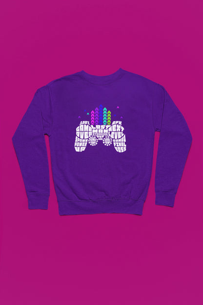 Game Controller Typography | Gamer Sprueche Pullover – lila Pullover als Flatlay-Mockup, hochwertiges Nerd- & Gaming-Design Produktfoto.